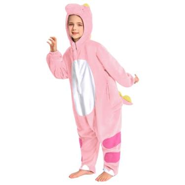 Imagem de OLAOLA Macacão infantil de animal, unissex, pijama de cosplay de pelúcia para meninas e meninos, roupa de dormir de uma peça fantasia de Halloween, Dinossauro rosa, 10-12 Years