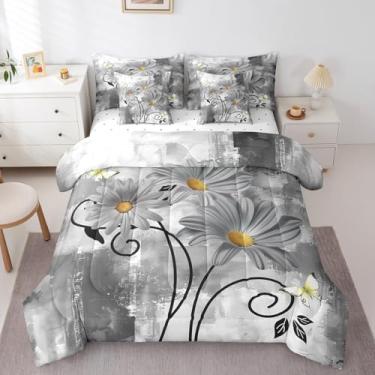 Imagem de Erosebridal Jogo de cama casal, cinza e amarelo, 7 peças, rústico, casa de fazenda, floral, cinza, decoração de quarto com estampa de margarida, lençol com edredom de madeira e borboleta