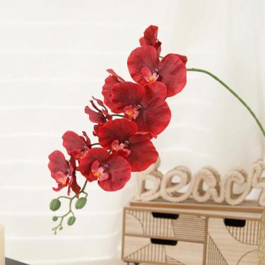 Imagem de Flores artificiais, galhos, hastes de orquídeas borboletas artificiais, arranjo de casamento, casa, jardim, festa, decoração ao ar livre (3 peças/vermelho)