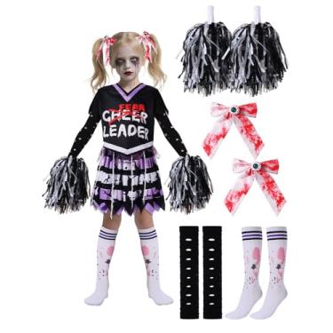 Imagem de Niuyhe Cheerleader Costume for Girls 5-7, Kids Bloody Cheerleader Costume for Halloween Dress Up Party, Scary Dead Zombie Cheerless Halloween Costume, Purple
