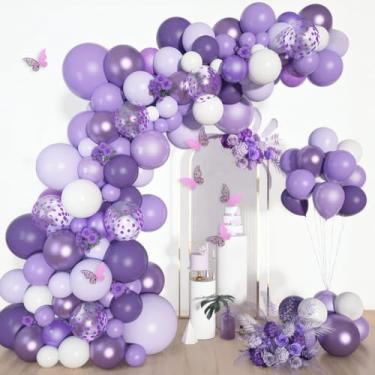 Imagem de Kit Festa Balões Aniversário Roxo Com Balões De Látex Decorações De Borboleta Rosa Painel E Arco (120PCS)