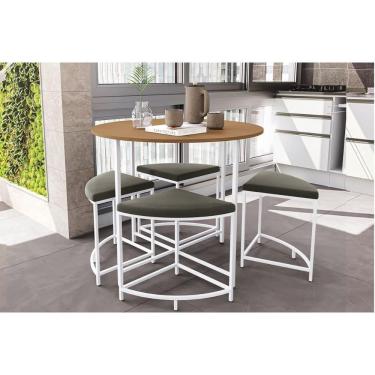 Imagem de Mesa De Sala Jantar Li038 C/ Tampo Madeirado 90 Cm + 4 Banquetas Canela/branco - Kappesberg