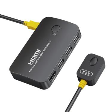 Imagem de Interruptor KVM 4K @ 30Hz 1 monitor 2 computadores, HDMI + tipo-C KVM Switcher com 3 portas USB, controlador de mesa, compartilhamento periférico USB para PC, laptop, monitor