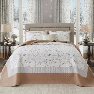 Imagem de QuiltMuse Colcha King Size 100% algodão 304,8 cm x 304,8 cm – Colcha King moderna leve grande com 2 fronhas, estampa reversível de plantas, colcha de cama King acolchoada, 3 peças, marrom/branco