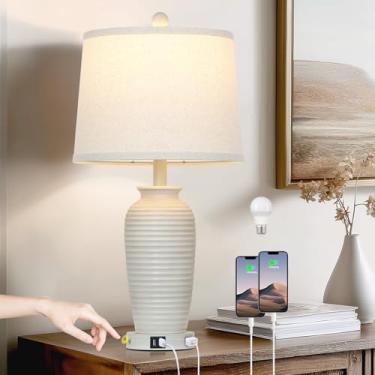 Imagem de Candeeiros de mesa vintage de 63,5 cm, luminária de cabeceira rústica única com portas USB A+C e tomada CA, lâmpadas de mesa de cabeceira para sala de estar, quarto, mesa de extremidade, creme