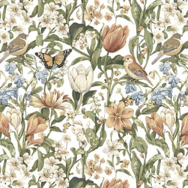 Imagem de Yasinet Papel de parede floral vintage descascar e colar papel de parede boho papel de parede autoadesivo removível para quarto e sala de estar vinil 17,3" × 393,78 cm