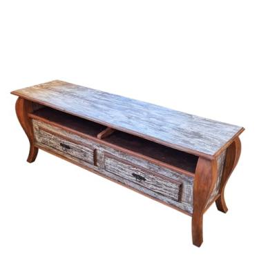 Imagem de Rack Baixo com Pé Curvo, 2 Gavetas, Prateleira e Patina Branco 1,60m