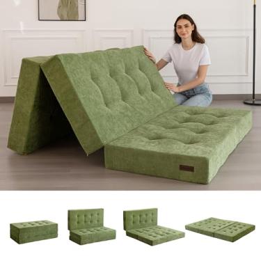 Imagem de MAXYOYO Colchão de três dobras, colchão dobrável tufado de 15 cm com tecido de chenille, tapete de hóspedes portátil tamanho queen para adultos, cobertura dobrável para acampamento, verde