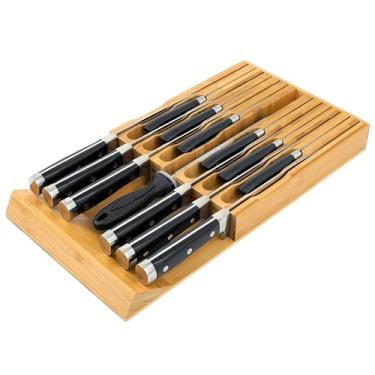 Imagem de VaeFae Knife Drawer Organizer, Bamboo Knife Drawer Organizer Insert, Kitchen Knife Holder Drawer for 12 Knives PLUS a Slot for your Knife Sharpener (Without Knives)