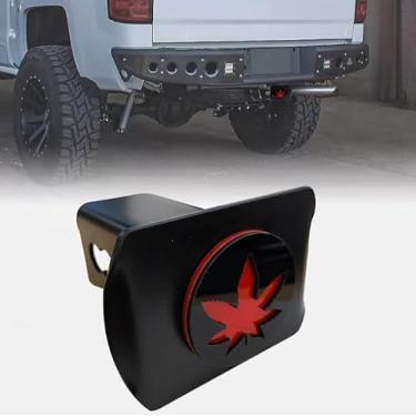 Imagem de Capa de engate de reboque de folha de maconha de metal para tampa de plugue de receptor traseiro de reboque SUV caminhonetes folha de bordo vermelha