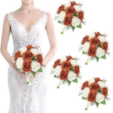 Imagem de Conjunto de 4 buquês artificiais de dama de honra - buquê de casamento laranja queimado rosa branco para bebês, 17,8 cm, buquê de noiva para casamento, chá de panela, decoração de aniversário de