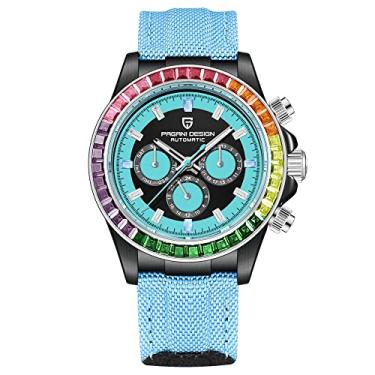 Imagem de PAGANI DESIGN Relógio masculino mecânico automático de luxo 40 mm safira sintética bisel arco-íris cristal diamante pulseira de nylon à prova d'água esporte relógio de pulso, Azul, Clássico