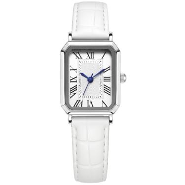 Imagem de Relógio vintage feminino elegante com mostrador retangular romano, caixa ultrafina, pulseira de couro macio, relógio de pulso clássico de quartzo estilo vintage, branco/b, Casual