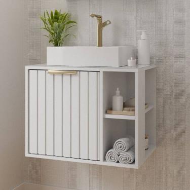 Imagem de Gabinete para Banheiro 60cm com 1 Porta 2 Nichos e Cuba de Sobrepor Noruega Branco