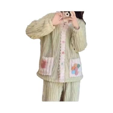 Imagem de Conjunto De Pijamas Femininos De Lã Coral Engrossado Estilo Cardigã Qu