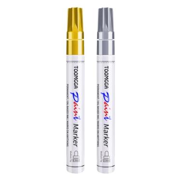 Imagem de Canetas de tinta permanente de ouro e prata – pacote com 2 marcadores de tinta à base de óleo, canetas para pintura de rocha, pneu de carro, metal, plástico, tela, canecas, madeira, vidro, secagem
