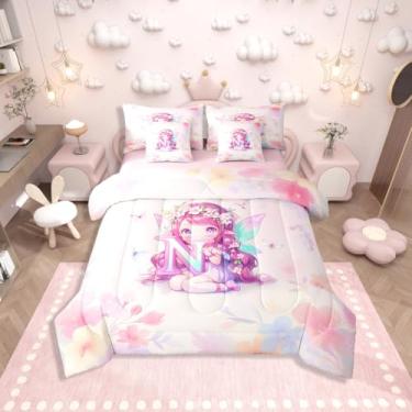 Imagem de Erosebridal Jogo de cama de fada floral em uma bolsa, solteiro, com inicial N, princesa, para decoração de quarto de crianças, mulheres, rosa, fada rosa, 7 peças, conjunto de cama de coquete floral e