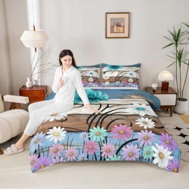 Imagem de Manfei Conjunto de edredom infantil com flores de fazenda, margarida branca azul-petróleo rústica para quarto de mulheres adultas, conjunto de colcha de celeiro de madeira campestre 2 peças