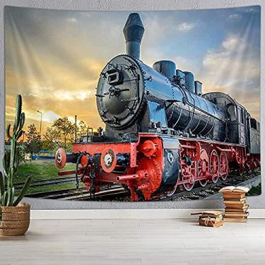 Imagem de DYNH Tapeçaria de trem a vapor, tapeçarias de trem de motor antigo na ferrovia, cenário natural, pôr do sol, nascer do sol, pendurar na parede para quarto, sala de estar, dormitório, 180 x 152 cm