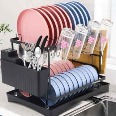 Imagem de KLEMING| Escorredor de Louças com Design em 2 Níveis, Preto em Aço Carbono Inoxidável, Resistente a Ferrugem com Bandeja Drenagem automática, Moderno, Antiderrapante.