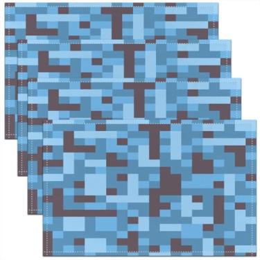 Imagem de Jogo americano infantil Pixel Grid Miners, conjunto de 4 tapetes de mesa reversíveis, gamepad de videogame, decoração de cozinha geométrica camuflada, preto, azul claro, decoração de mesa de cozinha