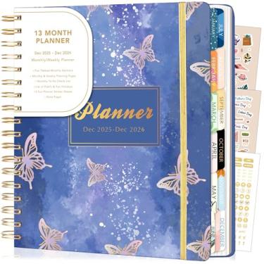 Imagem de CAGIE Agenda mensal 2026 de dezembro de 2025 a dezembro de 2026, capa dura, encadernada, espiral, agenda feminina com adesivos, fecho elástico, bolso interno 20 x 23 cm, pruple