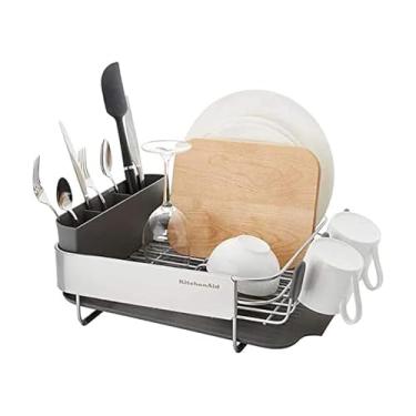 Imagem de KitchenAid Escorredor de louças compacto e resistente à ferrugem, com placa de drenagem autodrenante angular e suporte de talheres removível, 40 cm, cinza