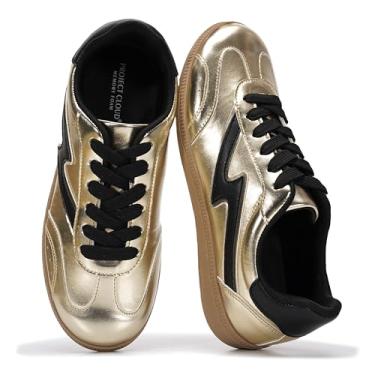 Imagem de Project Cloud Tênis feminino com cadarço feminino moderno com palmilha de espuma viscoelástica, tênis feminino antiderrapante (Irita), Preto, dourado, 34