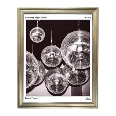 Imagem de Decoração de bola de discoteca, pôsteres vintage emoldurados para estética de quarto, decoração retrô moderna dos anos 70, arte de parede descolada, arte em tela de carrinho de bar