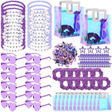 Imagem de Geiserailie Conjunto de 146 peças/12 brindes de festa roxos, presentes de amizade, incluem pulseiras de contas de coração, óculos de sol, clipes adesivos, sacos de presente, lembrancinhas de festa de