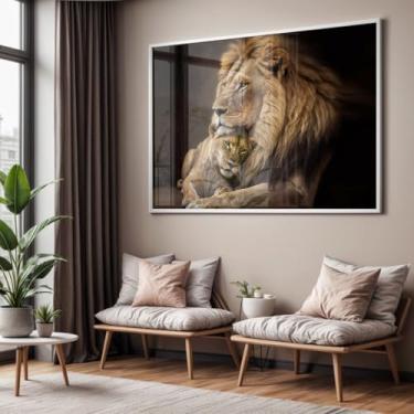 Imagem de Quadro com Moldura e Acrilico Cristal Vidro Sala Quarto Leão Leoa Família Decorativo Horizontal Grande Hall