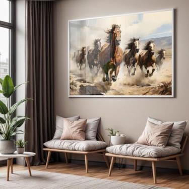Imagem de Quadro com Moldura e Acrilico Cristal Vidro Sala Quarto Cavalos Correndo Cavalo Luxo Decorativo Horizontal Grande Hall