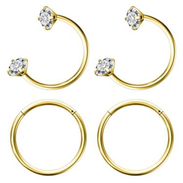 Imagem de Hoeudjo Anel de nariz em ferradura 18 g de aço cirúrgico com dobradiças para mulheres brinco de meia argola sapato de cavalo Daith Clicker Tragus brinco argola hélice piercing joia dupla 4 peças
