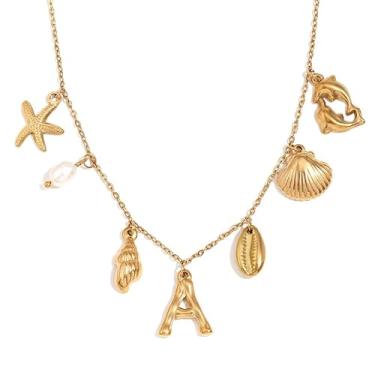 Imagem de Colar Buzios Aço Inoxidável a Ouro Dourado Concha Estrela Mar Espiral Baleia - Colar Gargantilha Choker Aço Cirúrgico 18K Pérola Letra A Pingente Corrente Fina- Presente Amiga Esposa Praia Praiano Verão Festa