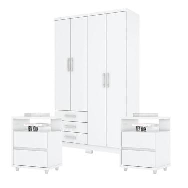 Imagem de Guarda Roupa Solteiro Caju 4 Portas com Kit Mesa de Cabeceira Campeche Branco - Henn