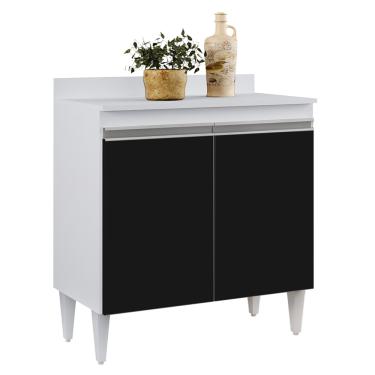 Imagem de Balcão de Cozinha Lavanderia Com Tampo 02 Portas Sara Branco e Preto 80 Cm - D'Rossi