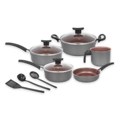 Imagem de Conjunto de panelas de 8 peças, inclui tampas e espátulas antiaderentes (Chumbo/Rosê)
