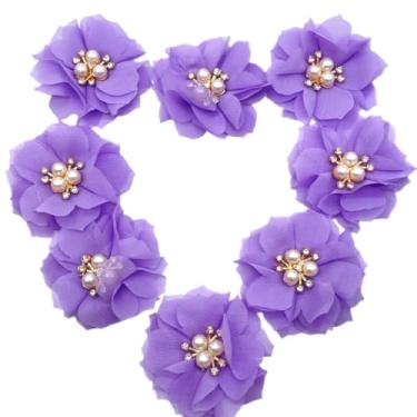 Imagem de Lmlliang Flores de tecido, 10 peças, roxo claro, chiffon, strass, flor de tecido com babados e costas planas para fazer tiaras de cabeça, flores artesanais, aplique de costura de 60 mm