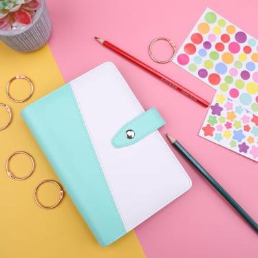 Imagem de Capa de fichário A6 para refil de papel, agenda de orçamento recarregável com fecho magnético - organizador pessoal de couro sintético com 6 anéis, branco e azul menta