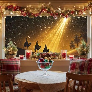 Imagem de HOMETITUTE Película para janela de vitral, três homens sábios, estrela de Belém, céu noturno, adesivos decorativos de vidro de privacidade, adesivos para casa, sala de estar, quarto, Natal, presépio
