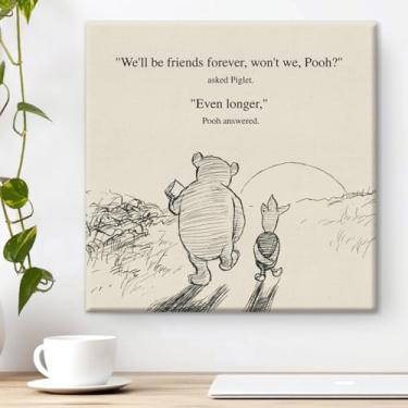 Imagem de Clássico Ursinho Pooh Amizade Citação Arte de Parede Decoração Retrô We'll Be Friends Forever Pintura em Tela Imagens Impressão Emoldurada Sinal Arte Pronto para Pendurar (20 x 20 cm)