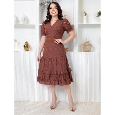 Imagem de Vestido Midi Lese Bordado Festa Madrinha com Manga Curta Sofisticado -
