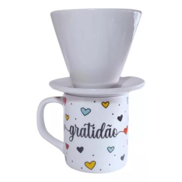Imagem de Suporte Coador de Porcelana e Caneca 300 ml (Branca Gratidão)