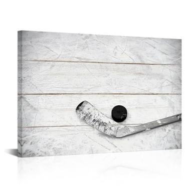 Imagem de Biuteawal Arte de parede de hóquei no gelo impressões em tela preto e branco impressões esportivas com bastão e bola para pista de gelo academia homem meninos decoração de quarto pronto para pendurar