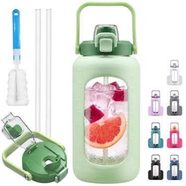 Imagem de HYDRAGLAZIC Parafusos de água de vidro de 2,041 g com canudo, bico e tampa 2 em 1, garrafa de água de meio galão com marcador de tempo e manga de silicone, garrafa de água esportiva sem BPA para
