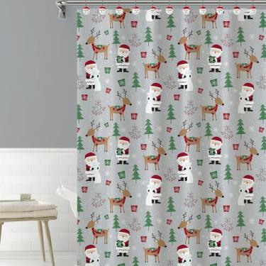 Imagem de Indecor Home Cortina de chuveiro impressa de microfibra de Natal com ganchos decorativos de resina combinando, decoração de banheiro de Natal com Papai Noel, boneco de neve, quebra-nozes e designs