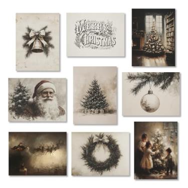 Imagem de 9 peças de arte de parede de tela de Natal, pôster de rena trenó de Papai Noel escuro mal-humorado, imagem vintage de sino botânico e anel de laço, decoração de parede aconchegante de feliz Natal 20 x