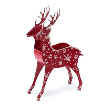 Imagem de Napco Vaso festivo de metal vermelho com rena e floco de neve branco rústico para decoração de casa e jardim de Natal