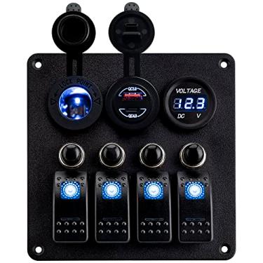 Imagem de Young Marine Interruptor basculante de barco marítimo à prova d'água painel de alumínio 4 grupos com soquete USB QC 3.0 e tipo C QC 4.0 + medidor de voltagem luz LED azul para carro, trailer, veículos