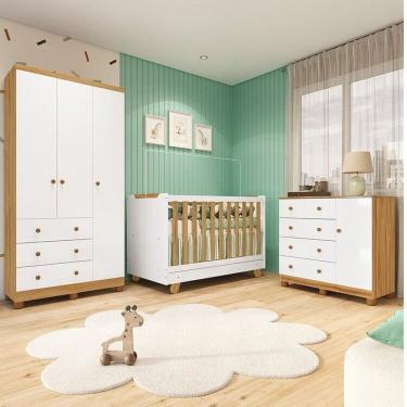 Imagem de Quarto de Bebê com Guarda-roupa 3 Portas Cômoda e Berço 4em1 Minicama 100% Mdf Mike Espresso Móveis Branco Brilho/Amêndoa